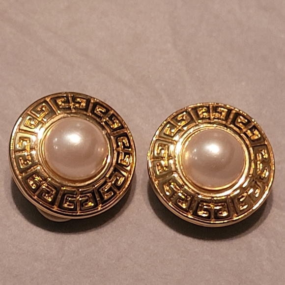 GIVENCHY Earrings Vintage 1980s Clipons Goldtone logo Faux Pearl